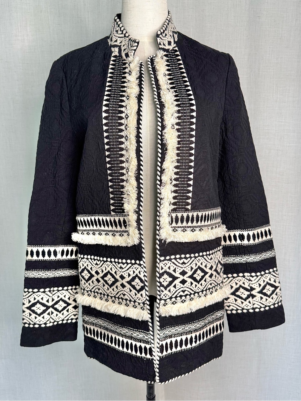 Anthropologie Cartonnier Wonderland Embroidered Open Jacket Black Ivory Size S
